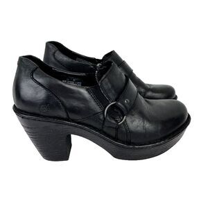 Born Dollie Platform Heel Clogs Black Leather Harness Comfort Shoes Chunky sz 10
